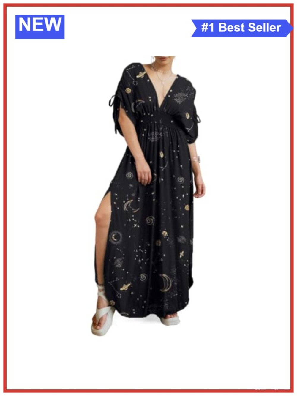100% Cotton Mushroom Print Maxi Dress V-Neck Short Sleeve Side Slit